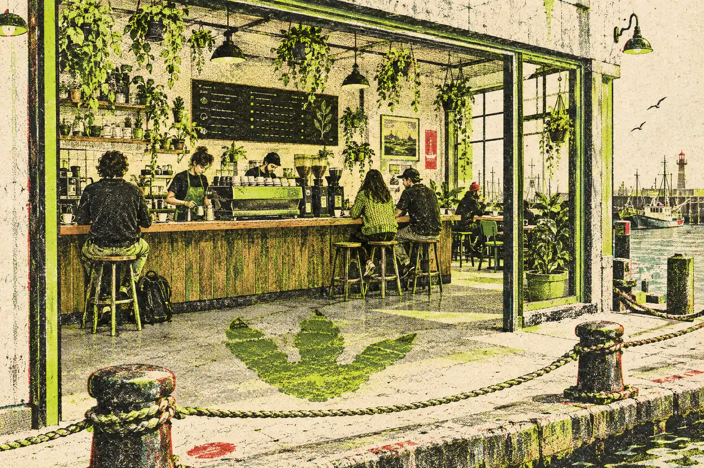 Risograph illustration of Monster Foot Café: a long espresso bar by the harbour with a giant footprint painted on the floor