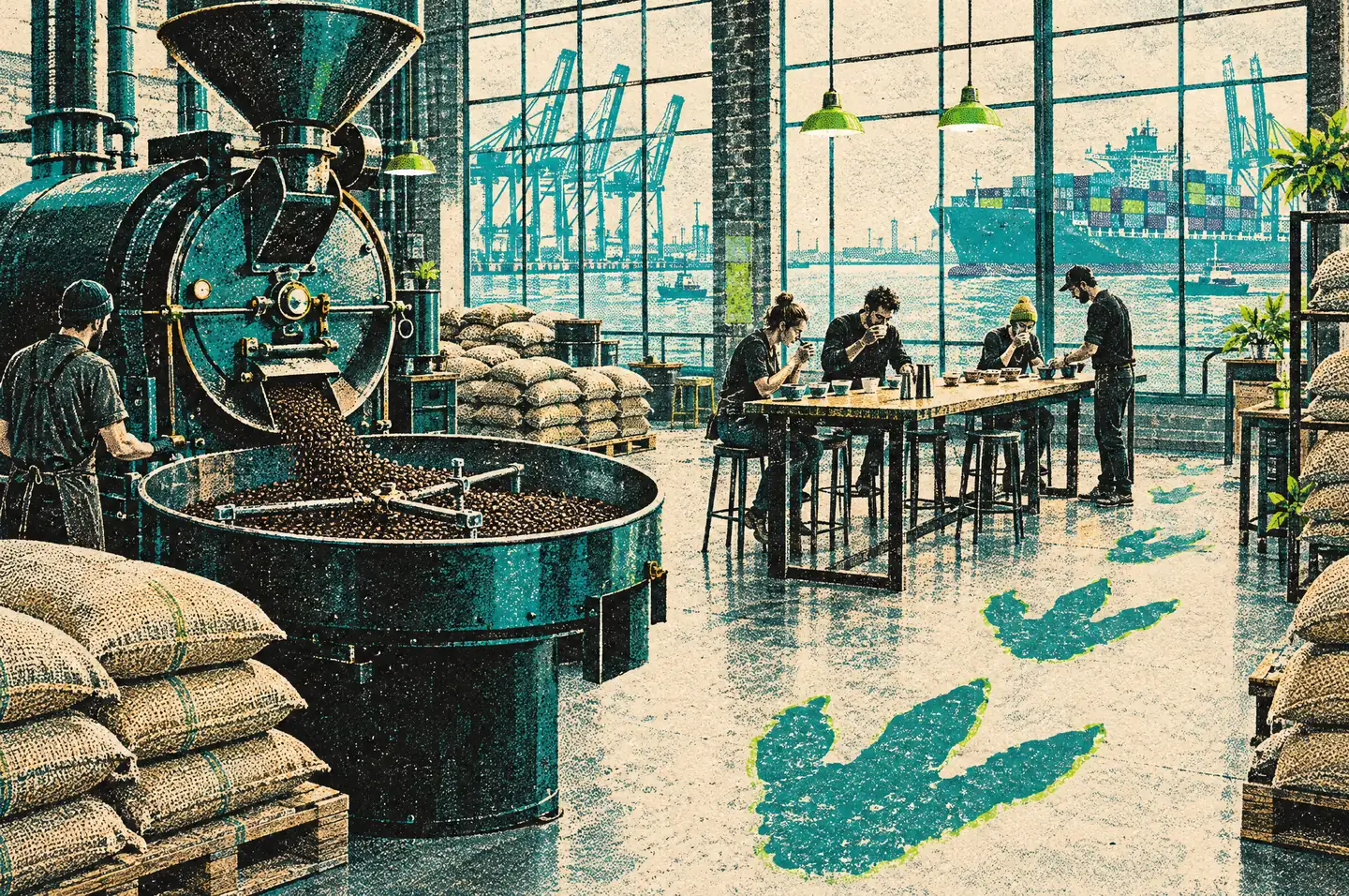 Risograph illustration of The Lair roastery: a vintage drum roaster, coffee sacks and a cupping table in a dockside warehouse