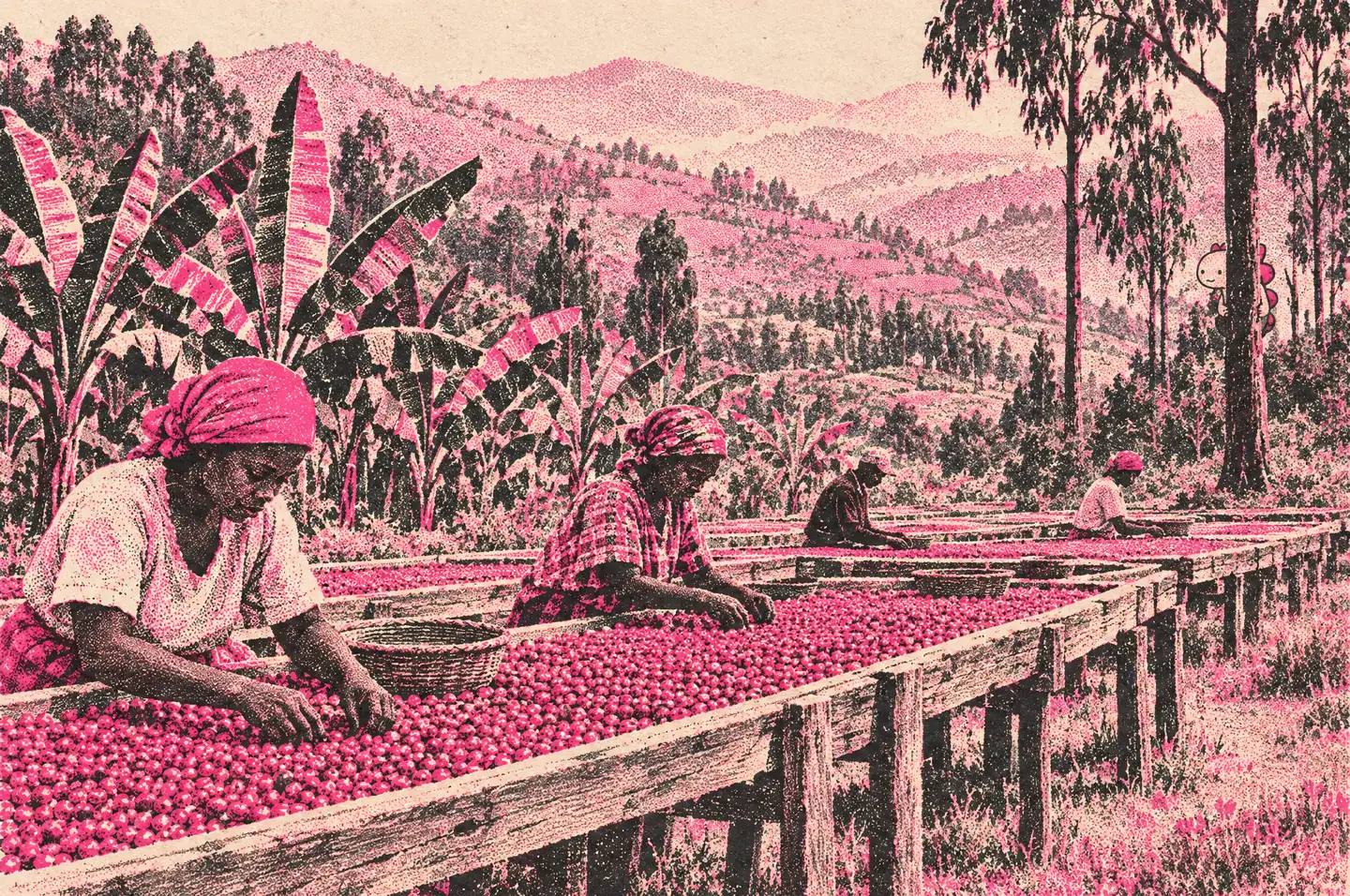 Risograph illustration of the Yirgacheffe, Gedeo coffee country in Ethiopia, in Neon Tokyo colours