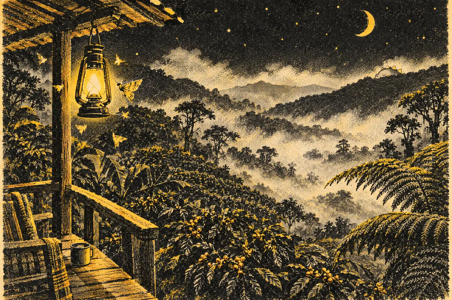 Risograph illustration of the Chiapas, Sierra Madre coffee country in Mexico, in Mothlight colours