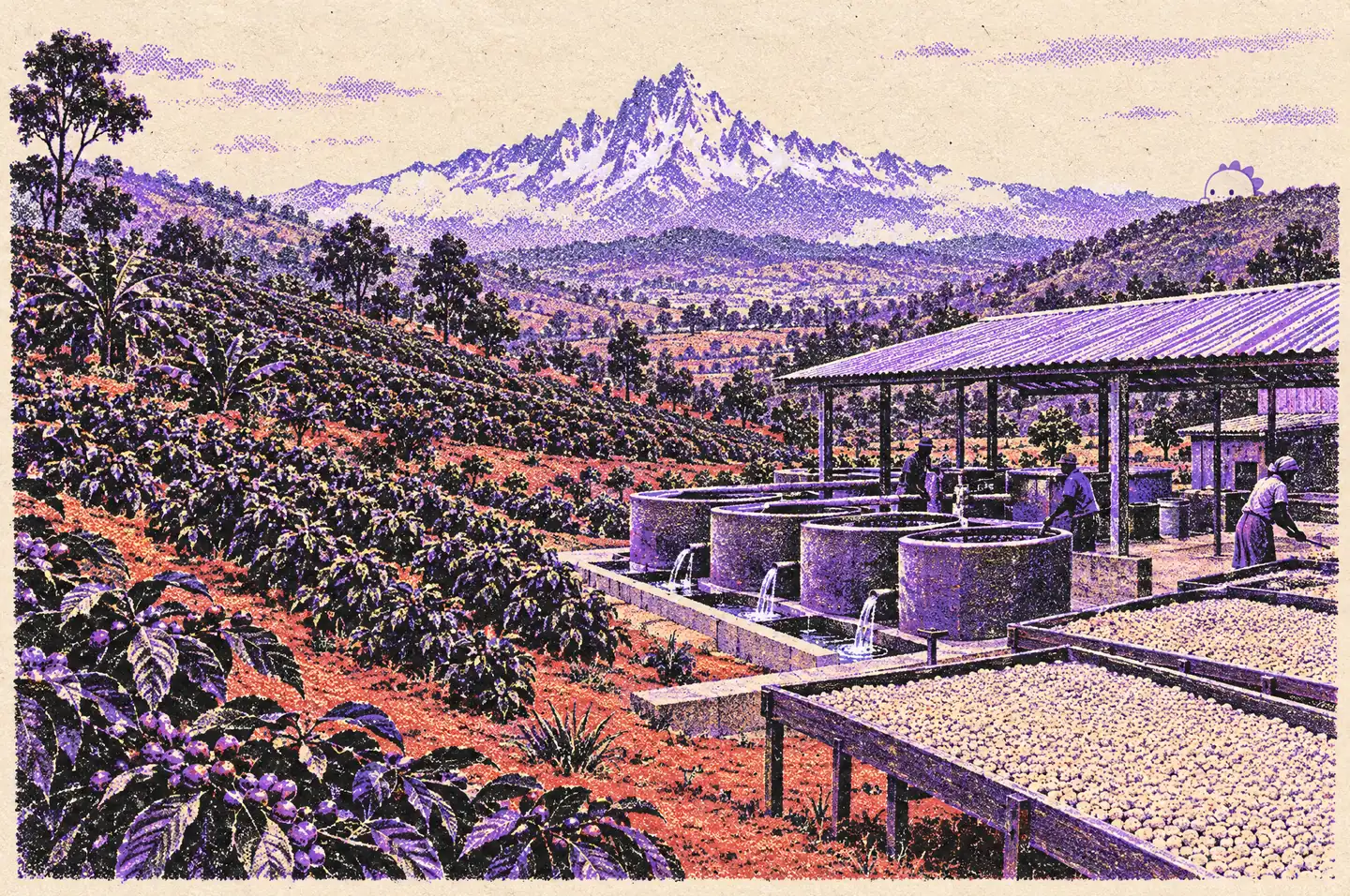 Risograph illustration of the Nyeri, Mathira coffee country in Kenya, in Monster Island colours